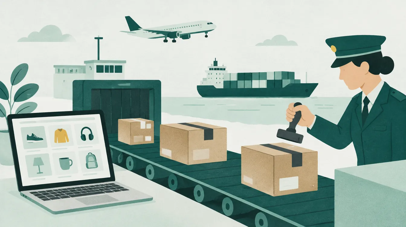Illustrasjon: pakker på et transportbånd i tollen, med fly, containerskip og en nettbutikk på en bærbar PC.